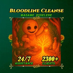 以下が含まれることがあります： 「BLOODLINE CLEANSE」と「MADAME ROSELINE」のテキストが入ったイラスト広告。笑顔の人形のような人物が光る物体を持ち、ワニ、ボトル、テキスト「24/7 ASSISTANCE」と「2300+ CLIENTS」が描かれています。