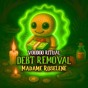 以下が含まれることがあります： 緑色のオーラに囲まれた、お金を持っているブードゥー人形のイラスト。テキストは「Voodoo Ritual Debt Removal Madame Roselene」と書かれています。 他の要素には、ろうそく、コイン、ワニ、ポーションボトルが含まれています。