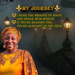 Puede incluir: Imagen con el texto "MY JOURNEY" y las frases "I HEAR THE WHISPER OF ROOTS AND SPEAK WITH SPIRITS. IF YOU'RE READING THIS, YOU'RE ALREADY ON THE PATH." Una mujer con un atuendo amarillo y naranja sonr&iacute;e frente a un puente con farolas.