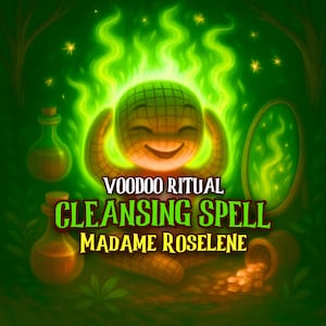 以下が含まれることがあります： 緑と黄色の配色で、笑顔の格子模様の人物が緑色の炎に囲まれているイラスト。テキスト「VOODOO RITUAL CLEANSING SPELL MADAME ROSELINE」が大きく表示されています。ポーションボトルと鏡も含まれています。