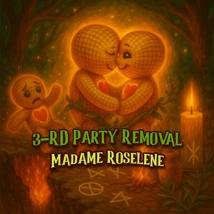 以下が含まれることがあります： ハート型の胸を持つ3体のブードゥー人形のイラスト。2体の人形が抱き合い、3体目は悲しそうに見えます。画像には「3-RD PARTY REMOVAL MADAME ROSELINE」というテキストと、ろうそく、オカルトシンボルが含まれています。