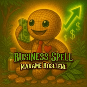 May include: Illustration of a smiling voodoo doll holding money, with a red heart and tie. The image includes the text "BUSINESS SPELL MADAME ROSELINE" and a green arrow with dollar signs.