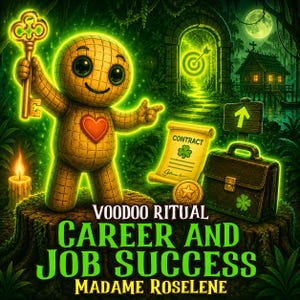 Könnte beinhalten: Digitale Illustration einer Voodoo-Puppe mit Schlüssel, Vertrag, Aktentasche und Zielsymbol. Der Text lautet: "VOODOO RITUAL CAREER AND JOB SUCCESS MADAME ROSELINE."