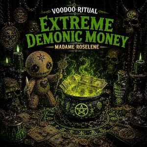 May include: An illustration with the text "Voodoo Ritual Extreme Demonic Money" featuring a voodoo doll, a cauldron overflowing with glowing money, skulls, candles, and a bottle labeled "Infernal Wealth Elixir."