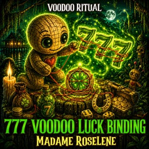 Może przedstawiać: Ilustracja o tematyce voodoo. Lalka z naszywką w kształcie serca trzyma sznurek połączony z świecącą czterolistną koniczyną. Obraz zawiera skrzynię skarbów, kości i tekst "777 Voodoo Luck Binding".