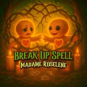 May include: An illustration depicting two stitched doll figures with heart-shaped chests, framed by glowing light and branches. The text "BREAK UP SPELL" and "MADAME ROSELINE" are in green and white. Lit candles and mystical symbols are also present.