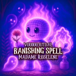 以下が含まれることがあります： 紫色のキャラクターが描かれたデジタルイラスト。グリッドパターンで、輝く紫色のエネルギーと笑顔のゴーストの姿に囲まれています。「VOODOO RITUAL BANISHING SPELL MADAME ROSELINE」と書かれています。キャラクターは赤い花を持っています。