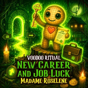 Könnte beinhalten: Digitale Illustration einer Voodoo-Puppe, die einen goldenen Schlüssel und einen Arbeitsvertrag hält. Die Puppe hat ein Herz auf der Brust und steht auf einem Baumstumpf. Der Text lautet "Voodoo Ritual, New Career and Job Luck, Madame Roselene."