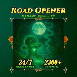 May include: A graphic illustration titled ROAD OPENER by MADAME ROSELENE featuring a glowing green grid-patterned figure with a heart on its chest, a full moon, and a smoking bottle. Text includes 24/7 ASSISTANCE and 2300+ CLIENTS with sunflowers.
