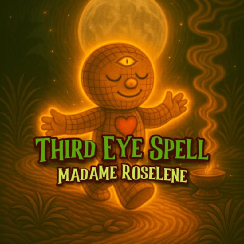 Pode incluir: Ilustra&ccedil;&atilde;o de um personagem de desenho animado com um terceiro olho, um cora&ccedil;&atilde;o e um padr&atilde;o quadriculado. O texto "THIRD EYE SPELL" e "MADAME ROSELINE" &eacute; exibido em verde e branco. O fundo apresenta uma lua cheia e um caminho.