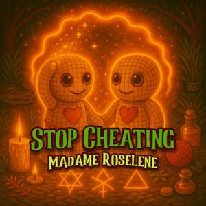 Könnte beinhalten: Zwei beige Puppen mit Gittermuster, großen schwarzen Augen und roten Herzaufnähern auf der Brust stehen zusammen. Der Text "STOP CHEATING" und "MADAME ROSELENE" erscheint in Grün. Leuchtend orange Symbole, Kerzen und Flaschen umgeben die Figuren.