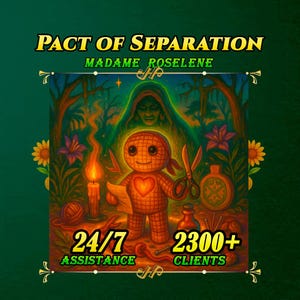 Könnte beinhalten: Eine digitale Illustration mit dem Titel PACT OF SEPARATION von MADAME ROSELENE zeigt eine Puppe mit Gittermuster und leuchtendem Herz, die eine Schere und Papier hält. Mit Kerze, Garn, Flaschen sowie Text 24/7 ASSISTANCE und 2300+ CLIENTS.