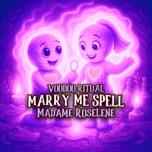 May include: An illustration with a purple and pink color scheme. Two cartoon figures with grid-like patterns and heart-shaped accents are featured. The text "VOODOO RITUAL MARRY ME SPELL MADAME ROSELINE" is displayed.