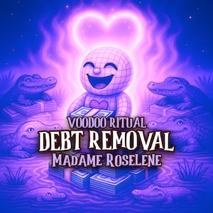 以下が含まれることがあります： 笑顔のキャラクターがお金を持ち、ワニと現金の山に囲まれたデジタルイラスト。テキストは「VOODOO RITUAL DEBT REMOVAL MADAME ROSELINE」と書かれており、キャラクターの上には光るハートの形があります。