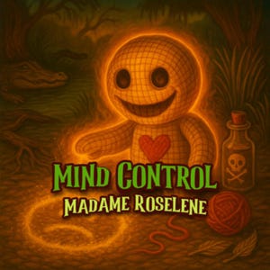 Puede incluir: Un muñeco vudú brillante con patrón de rejilla y un corazón rojo en el pecho, en un entorno de pantano oscuro. El texto dice MIND CONTROL MADAME ROSELENE. Cerca hay una botella pequeña con una etiqueta de calavera y un ovillo de lana roja.