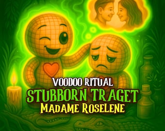 Puede incluir: Una ilustración digital con dos muñecos de patrón de cuadrícula en un entorno verde. Uno guiña un ojo mientras toca al otro, que parece triste. Una burbuja de pensamiento muestra a una pareja. Texto: VOODOO RITUAL STUBBORN TRAGET MADAME ROSELENE.