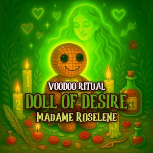 May include: An illustration with a green background featuring a voodoo doll, candles, and bottles. The text reads "Voodoo Ritual Doll of Desire Madame Roselene". The doll has a smiling face and is surrounded by glowing elements.