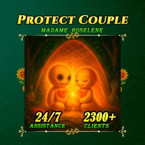 May include: Two small, textured, light-colored dolls with red heart patches on their chests sit together under a glowing orange canopy. The text reads PROTECT COUPLE, MADAME ROSELENE, 24/7 ASSISTANCE, and 2300+ CLIENTS against a dark green background.