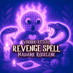 Peut inclure: Une illustration aux tons violets montrant une poupée à motif quadrillé avec un cœur sur la poitrine, entourée de deux serpents. Le texte indique Voodoo Ritual Revenge Spell Madame Roselene. On voit deux bougies allumées, un objet et une bouteille.