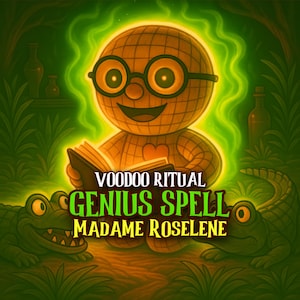 Puede incluir: Ilustración digital de un personaje sonriente con patrón de cuadrícula, con gafas, leyendo un libro, rodeado de energía verde. El texto dice "VOODOO RITUAL GENIUS SPELL MADAME ROSELINE" con caimanes de dibujos animados.