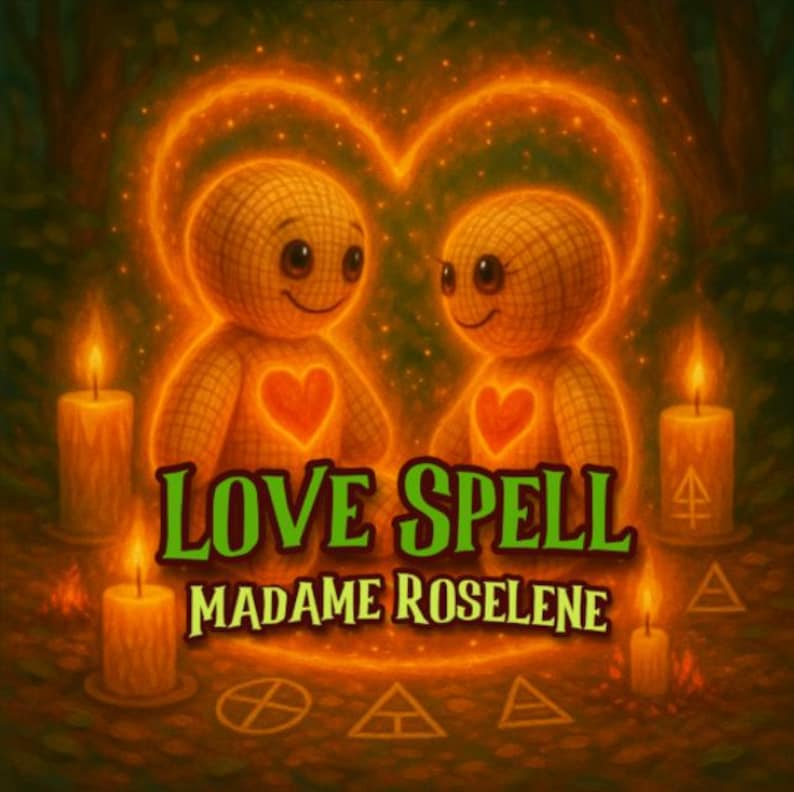 May include: An illustration featuring two smiling voodoo dolls with heart-shaped chests, framed by a glowing heart. The words "LOVE SPELL" and "MADAME ROSELINE" are in green text. Lit candles and mystical symbols surround the dolls.