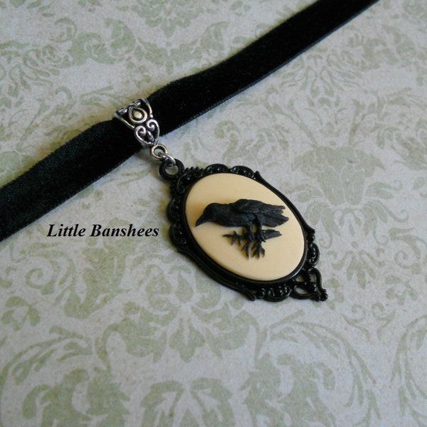 off white raven cameo choker necklace black velvet crow bird