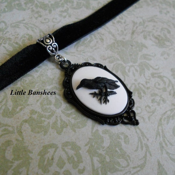 white raven cameo choker necklace black velvet crow bird