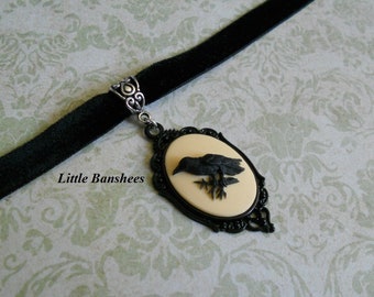 off white raven cameo choker necklace black velvet crow bird