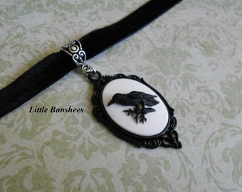 white raven cameo choker necklace black velvet crow bird