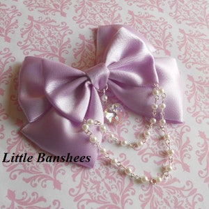 Sweet Lolita Hair clip or Brooch lavender bow with glass heart and white pearl beads fairy kei