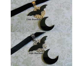 bat and moon choker necklace gothic lolita velvet ribbon black gold silver