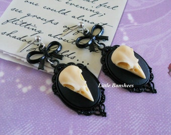 Raven bird skull cameo earrings with black bows gothic lolita pastel goth crow