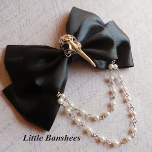 Hair bow or Brooch black bow silver bird skull Gothic lolita egl pearls crow raven image 1