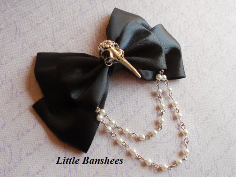 Hair bow or Brooch black bow silver bird skull Gothic lolita egl pearls crow raven image 1