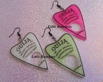 large Ouija Earrings hot pink green and white glitter punk gothic lolita