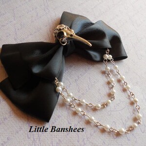 Hair bow or Brooch black bow silver bird skull Gothic lolita egl pearls crow raven image 3