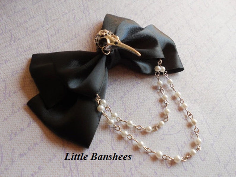 Hair bow or Brooch black bow silver bird skull Gothic lolita egl pearls crow raven image 3