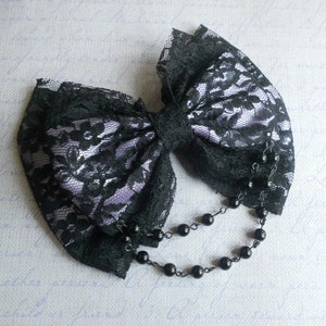 Hair bow black lace and lavender bow with black beads gothic lolita pastel goth