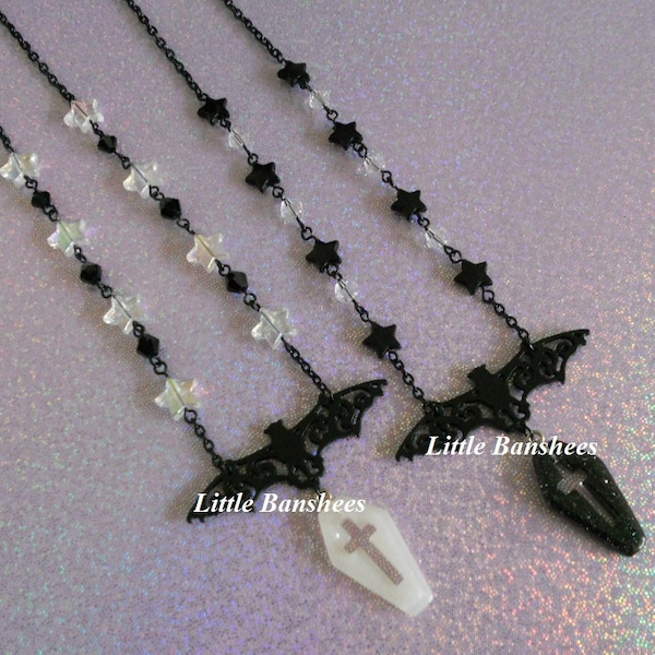 bat and coffin cross necklace with stars pastel goth white black