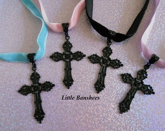 Cross choker necklace gothic lolita pastel goth velvet ribbon pink blue purple black