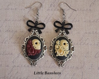 sugar skull cameo earrings with flowers gothic lolita day of the dead