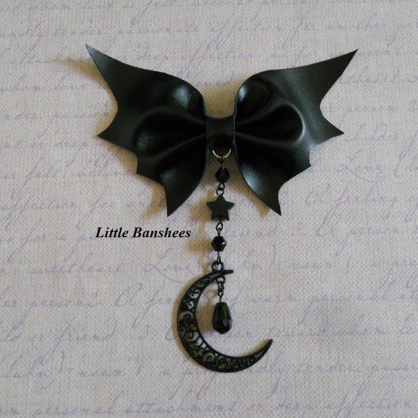 bat wings hair bow with black moon teardrop drip pastel goth lolita star beads clip brooch tear drop