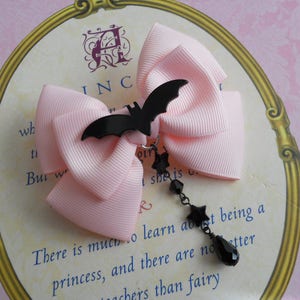 pastel goth Small pink bow with black bat and black beads hair clip or brooch