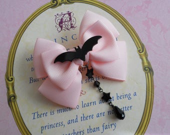 pastel goth Small pink bow with black bat and black beads hair clip or brooch