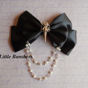 Hair bow or Brooch black bow silver bird skull Gothic lolita egl pearls crow raven image 4