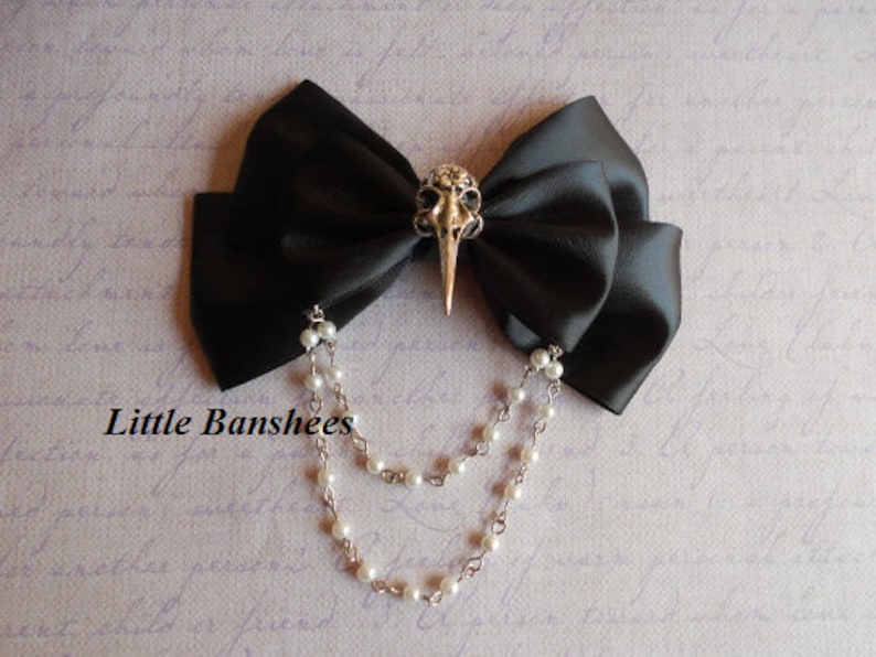 Hair bow or Brooch black bow silver bird skull Gothic lolita egl pearls crow raven image 4