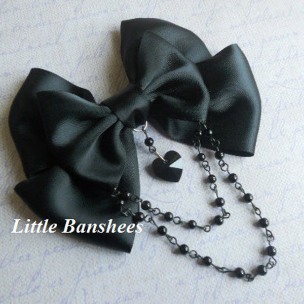 Goth Hair clip or Brooch black bow with black glass heart and black beads