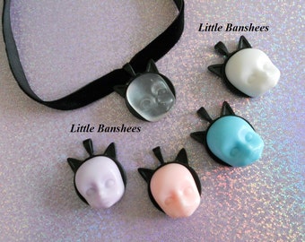 doll face cat ears choker necklace pastel goth velvet ribbon purple pink blue white ghost