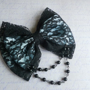 Hair bow black lace and blue bow with black beads gothic lolita pastel goth