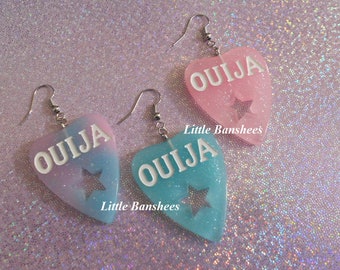 ouija board planchette Earrings with stars pink blue black white green kawaii pastel goth